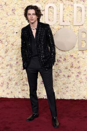 Timothée Chalamet en veste pailletée et pantalon Celine et bijoux Cartier